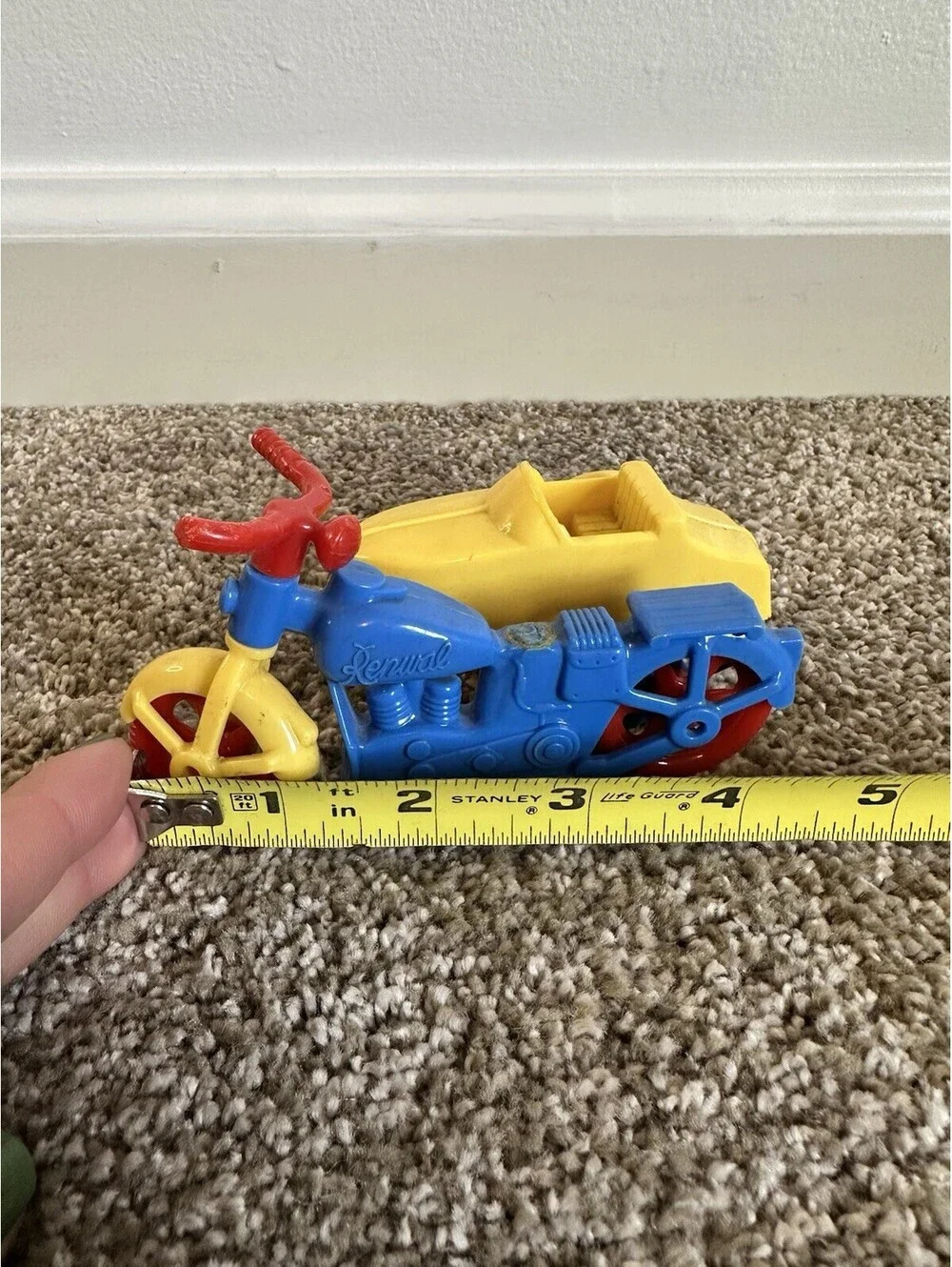 Vintage Renwal Products #23 Toy Motorcycle Sidecar Yellow Red Blue USA C1950s